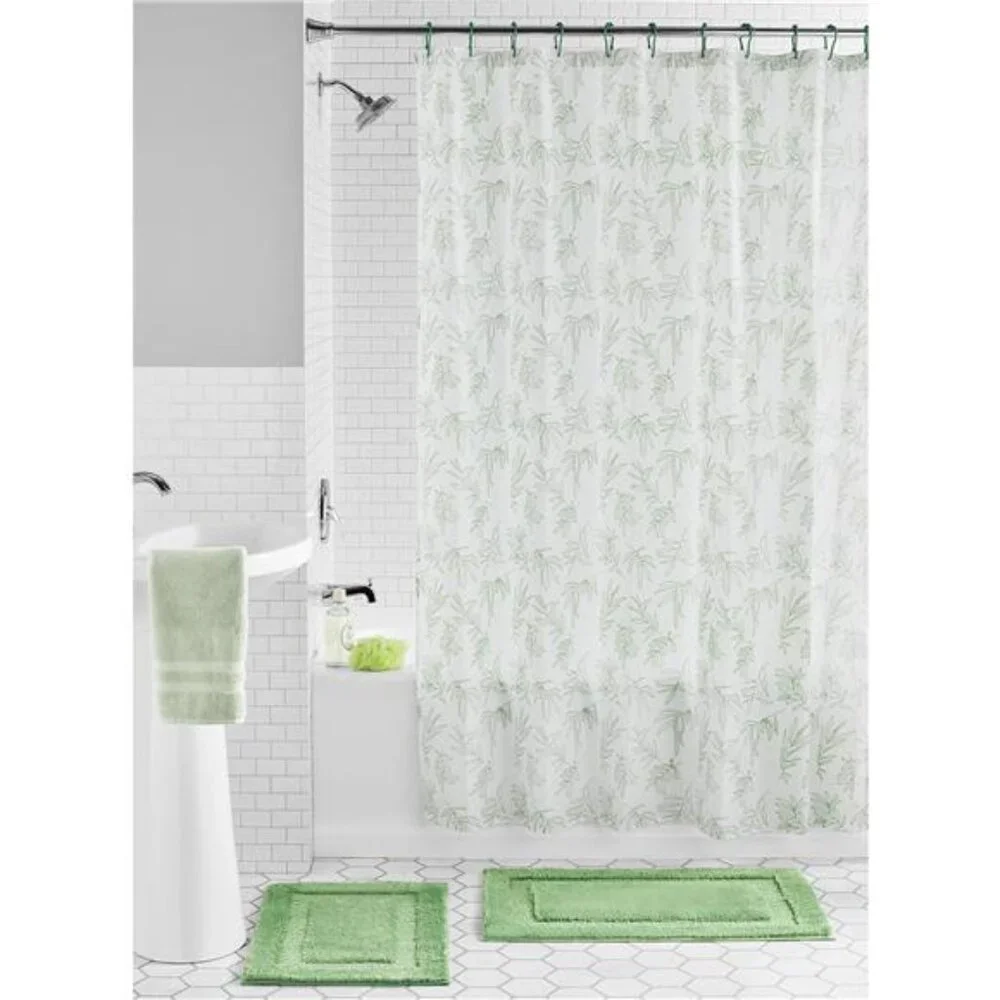 15-Piece Green Leaves Print Polyester Shower Curtain Set 70